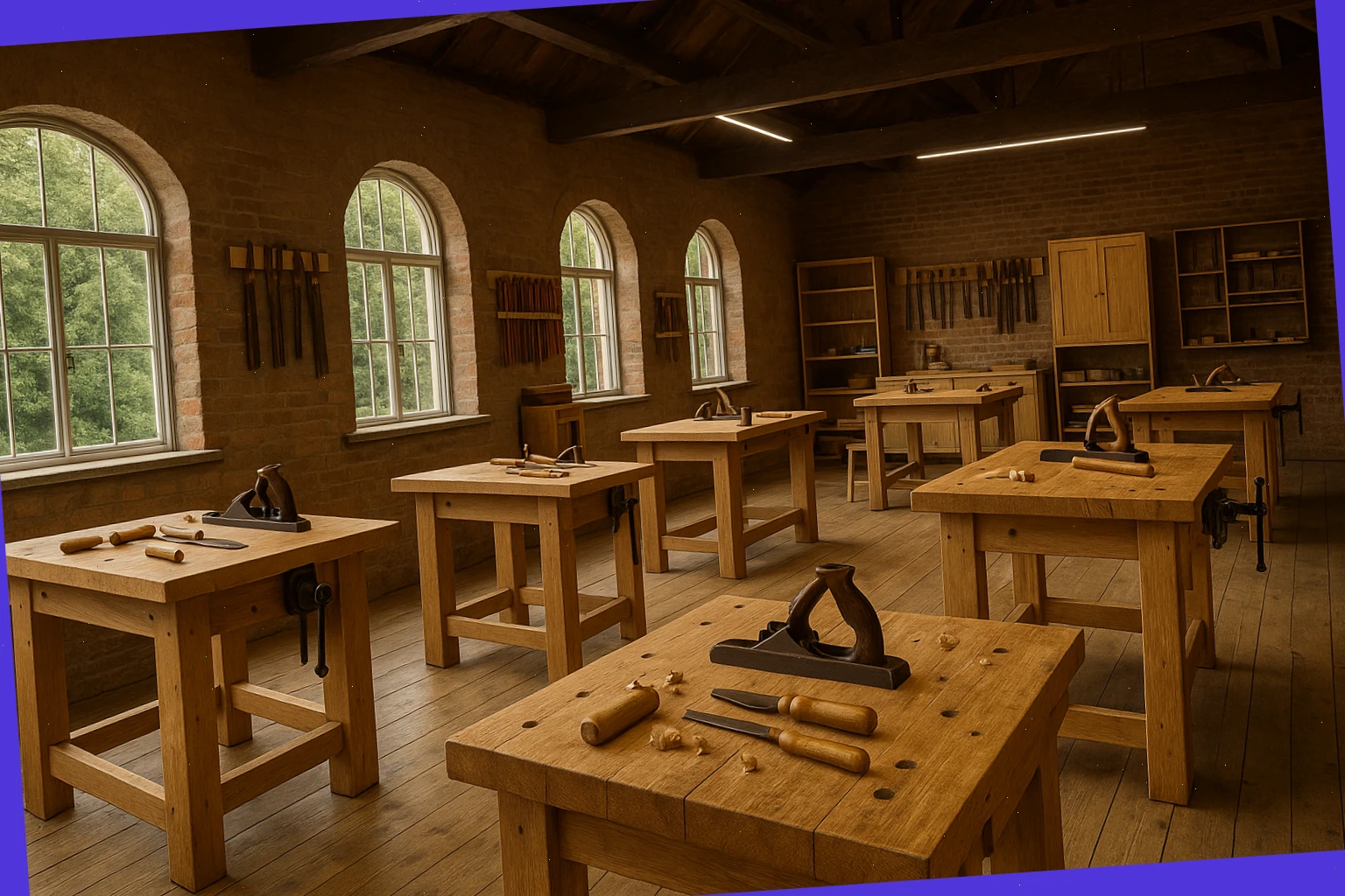 Wide view of the Durham studio with workbenches set for hand-tool practice